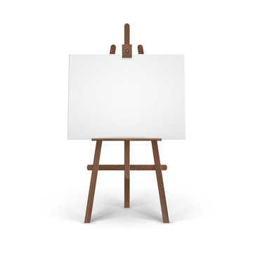 Vector Wooden Brown Easel with Mock Up Empty Blank Horizontal Canvas on Background