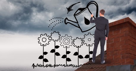 Businessman drawing can watering gear plants  © vectorfusionart
