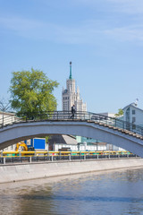 Sadovnichesky Bridge with a view of skyscapper on Kotelnicheskaya embankment in Moscow, Russia