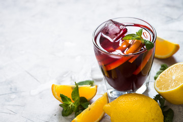 Sangria with fruit mint and ice.