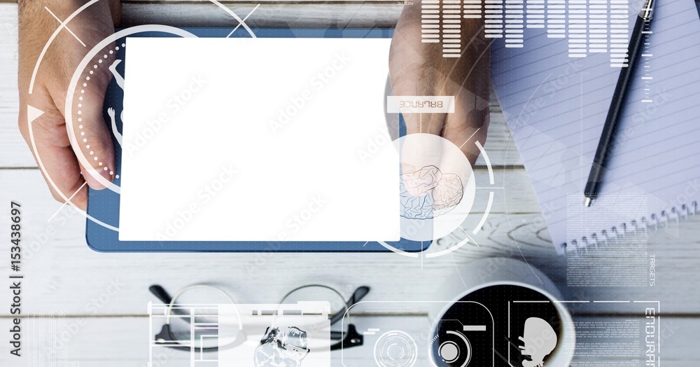 Aufkleber top view of hands using digital tablet