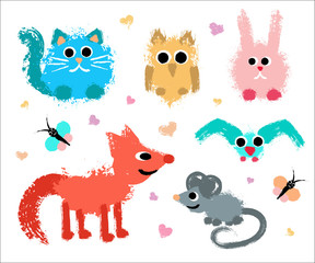 Cute Animals Set Painted Grunge Texture