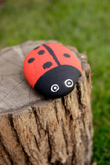 Handmade painted acrylic stone ladybug in garden