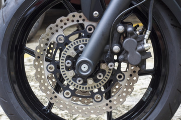 Front disk brake of modern motorbike.