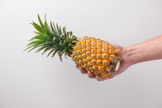 Male hand holding a pineapple isolated on white.
