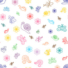 Vector Illustration. Seamless Pattern of Colorful Funny Doodle Insects. Children Drawings of Cute Bugs, Butterflies, Ants and Snails. Sketch Style.