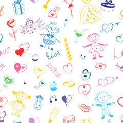 Seamless Pattern of Colorful Hand Drawn Set of Valentine's Day Symbols. Children's Cute Drawings of Hearts, Gifts, Rings, Balloons and Kids. Sketch Style. Vector Illustration.