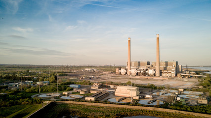 Tilbury Power Stations, Essex, UK. An aerial view of the decommissioned Tilbury A and B fossil fuel power stations east of London, England.