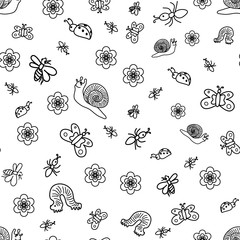 Vector Illustration. Seamless Pattern of Funny Doodle Insects. Children Drawings of Cute Bugs, Butterflies, Ants and Snails. Sketch Style.