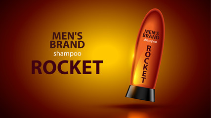 Men's shampoo concept vector poster cosmetic care hair. shampoo bottle on orange background. The bottle is similar to a space rocket