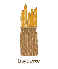 Baguette in a wicker basket.