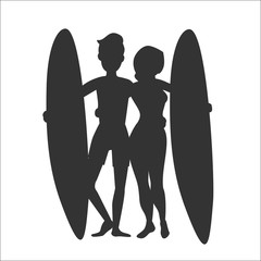 Vector silhouette of two surfers man and woman with surfboard