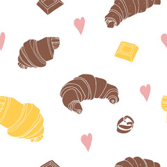   Seamless background with chocolate croissant, vanilla croissant, white chocolate. Hand drawn vector illustration.