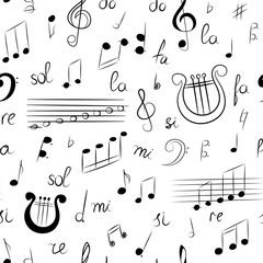 Seamless Pattern of Hand Drawn Set of  Music Symbols. Doodle Treble Clef, Bass Clef, Notes and Lyre. Sketch Style. Vector Illustration.