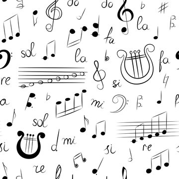 Seamless Pattern of Hand Drawn Set of  Music Symbols. Doodle Treble Clef, Bass Clef, Notes and Lyre. Sketch Style. Vector Illustration.