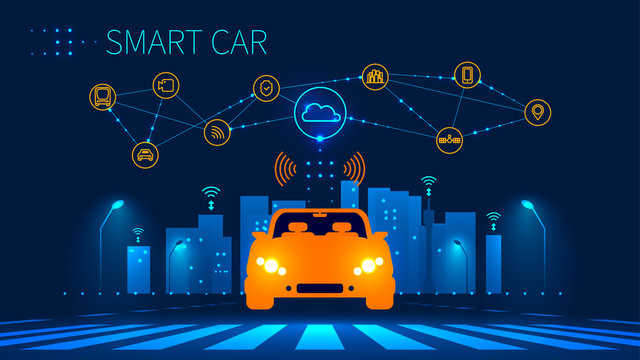 Smart car wireless network connection with smart city. Smart vehicle and automotive technology. Icons of city infrastructure. Taxi Future concept. Vector illustration.