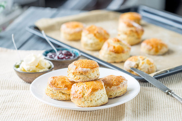 Traditional English Scones with Jam on the Table, Horizontal View