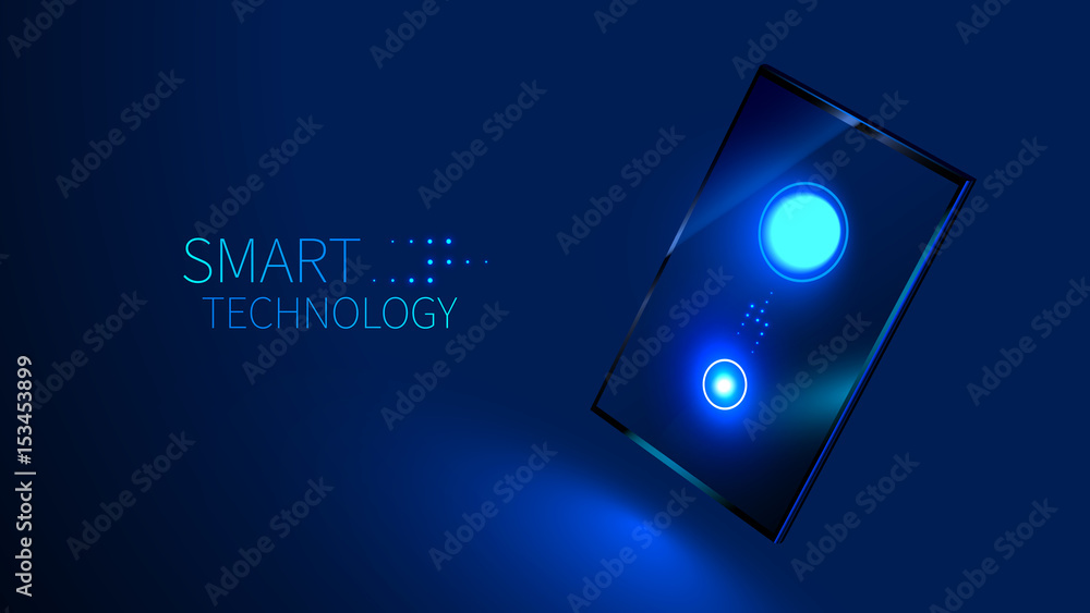 Poster Synchronization Mobile device (tablet or smartphone)  with cloud storage. Transmits data to the cloud. Realistic vector illustration
