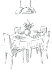 Part of the dining room. Round table and chairs.On the table vase of flowers. Hand drawn sketch.Vector illustration.