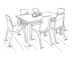 Table and chairs. On the table vase of flowers. Vector illustration. Hand drawn.