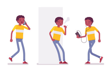 Set of black or african american young man smoking, walking