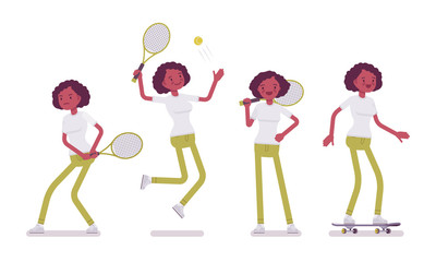 Set of black or african american young woman doing sports