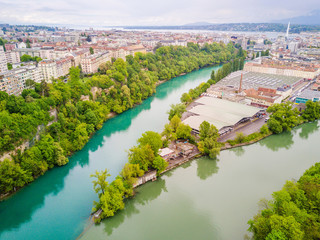 Nature, Aerial View of Arve an Rhone River confluent in Geneva Switzerland