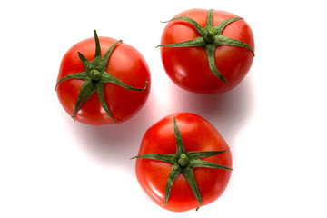 Three tomatoes on a white background