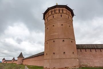 SUZDAL, RUSSIA - APRIL 28, 2017: Walls and towers of the Spaso-Evfimiy Monastery of the 17th century
