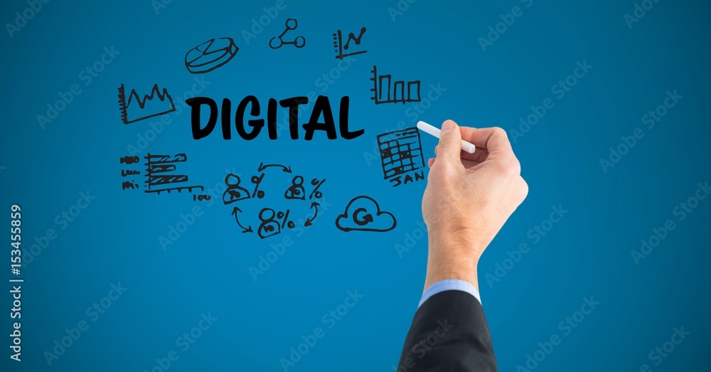 Poster hand drawing graphics with digital text on screen