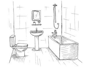 Hand drawn sketch. Linear sketch of an interior. Part of the bathroom. Vector illustration