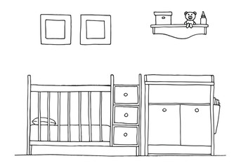 Children's room. Children's furniture. Crib, changing table. Hand drawn vector illustration of a sketch style.