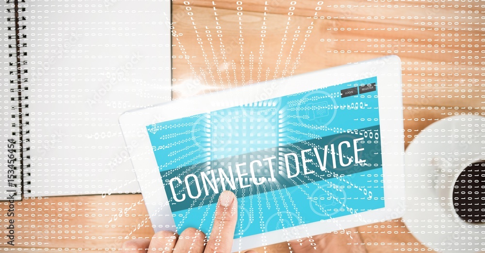Poster hand touching connect device text on screen of digital tablet