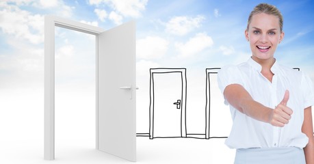 Smiling woman showing thumbs up against real and drawn doors - Powered by Adobe