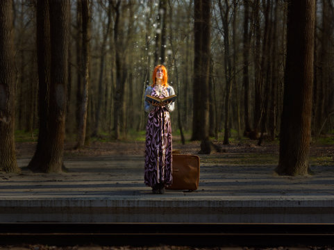 Fairy tale on railway station in the deep forest