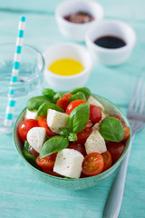 caprese salad on turquoise background
