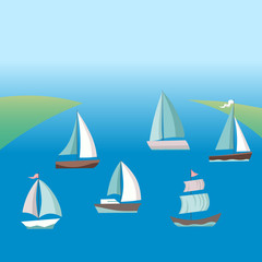 Illustration of a cartoon ocean landscape with yachts and sailing boats