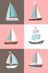Set of sailing ship types isolated located in square sections