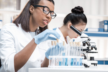 Professional young scientists working with microscope and test tubes in chemical laboratory