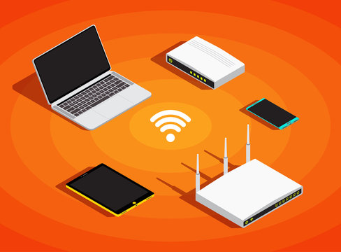 Isometric electronic devices, wifi network sharing. Laptop, smartphone, tablet, modem, router communication background, vector illustration.