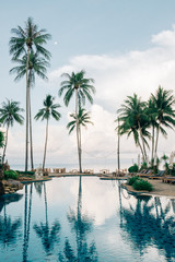 Swimming pool in resort island at outdoors, Vintage tropical palm trees