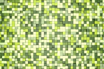 3d illustration: mosaic abstract background, colored blocks white, light and dark green, verdant, leafy, emerald color. Spring, Summer. Range of shades. small squares, cell. Wall of cubes. Pixels art.