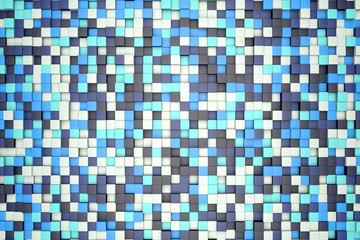 3d illustration: mosaic abstract background, colored blocks white, light and dark blue, turquoise, azure color. Ice winter. Range of shades. small squares, cell. Wall of cubes. Pixels art.