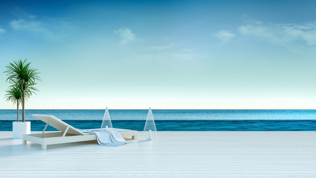 Beach lounge  with panoramic sea view at luxury villa/3d rendering