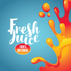 vector banner with the inscription fresh juice and drops and splashes on blue background