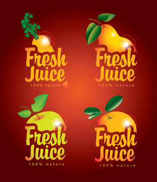 set of vector banners for fresh juices with pictures of carrot, pear, apple, orange and inscriptions on a red background