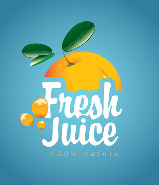 vector banner with orange fruit, juice drops and inscription fresh juice on blue background