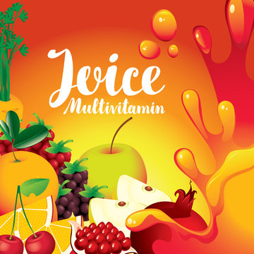 vector label for packaging of juice with different fruits and berries and inscription fresh juice multivitamin on orange background