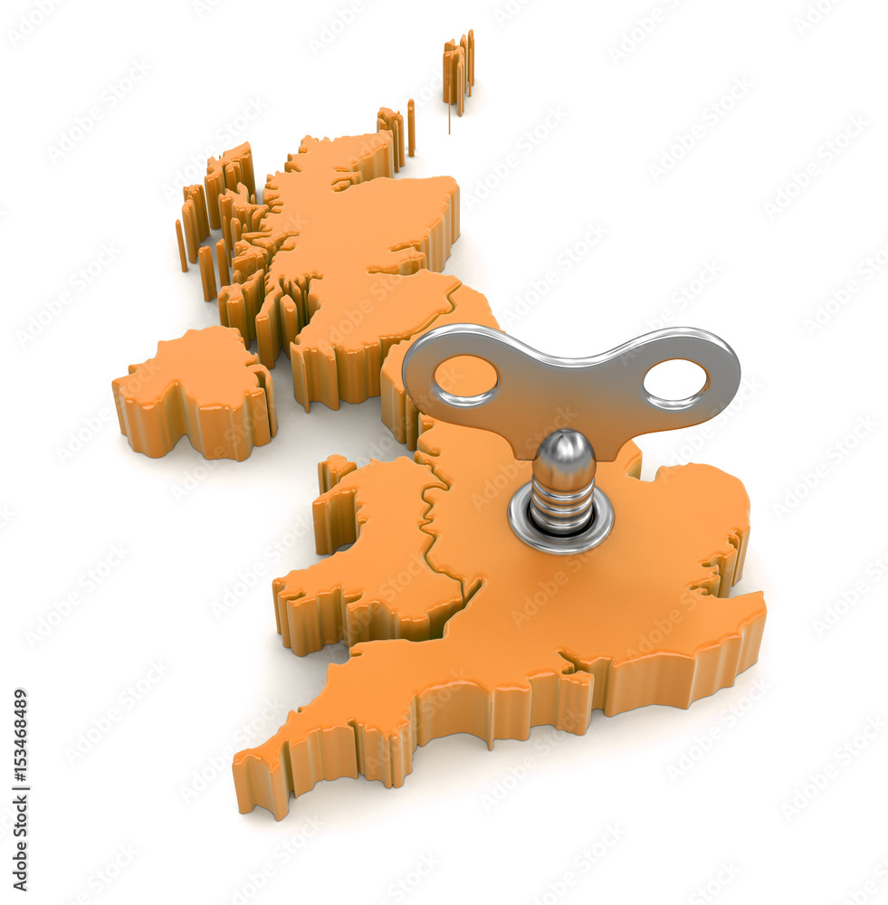 Aufkleber map of uk with winding key. image with clipping path.