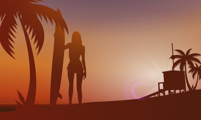 Surferin mit Surfbrett - Silhouette vor Sonnenuntergang